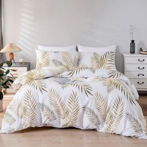 Housse de couette 220x240 cm avec taies doreiller motif tropical doré microfibre fermeture éclair