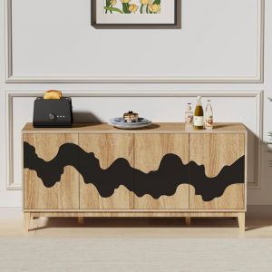 GOOBUY Buffet Bas &agrave; 4 Portes 160cm Armoire de Rangement Motif Vague Irr&eacute;guli&egrave;re &Eacute;tag&egrave;re R&eacute;glable 160 x 40 x 73 cm Naturel