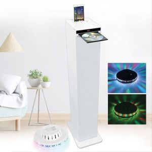Tour de son blanche 60W avec lecteur CD Bluetooth FM et USB  t&eacute;l&eacute;commande Jeu de lumi&egrave;re OVNI LED BLANC