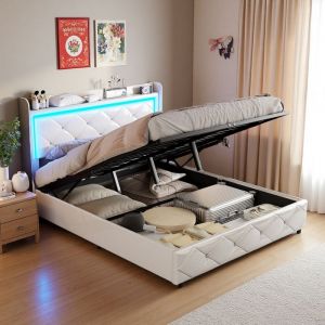 Lit Hydraulique 160x200 cm -Lit Coffre Adulte 2 Personnes avec LED RGB et Recharge UE - Tissu Lin Simili-Rangement pneumatique