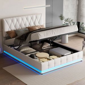 Lit coffre capitonné en simili cuir blanc 140×200cm avec lumières LED orientables rangement sommier à lattes en bois massif