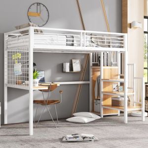 Lit enfant mezzanine 90x200 cm Blanc - Avec table et armoire - &Eacute;chelle lat&eacute;rale - 1 place