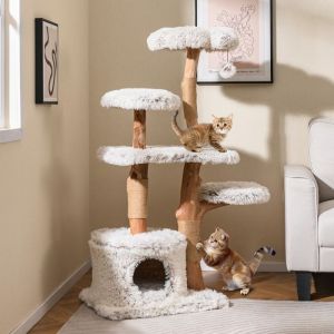 GOPLUS Arbre &agrave; Chats Multiniveau de 135 CM avec Poteaux en Bois Naturel Perchoir en Peluche Condo Balle Suspendue