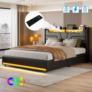 Lit double 140x200 cm SOMUBI lit coffre 140x200 cm avec LED et ports USB tissu en PU cadre de lit 140x200 cm noir