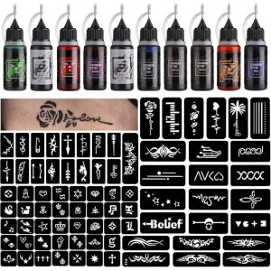 Kit de Tatouage Temporaire 10 Bouteilles dEncres de Couleur Kit de 84 Pochoirs pour Peinture Corporelle (Noir * 2 Cyan Rouge