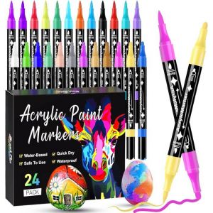 24 Couleurs Feutre Acrylique Feutres Acrylique Coloriage Adulte Double Pointe Marqueur Acrylique Acrylic Marker pour Coloriage