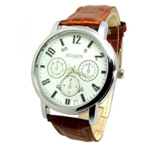 MONTRE HOMME CUIR CHIC DANDY MARRON ARGENT CAMEL CLASSIQUE BIJOUX ID&Eacute;E CADEAU