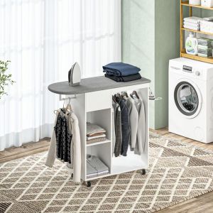 Armoire &agrave; repasser en bois table &agrave; repasser avec roulettes barre de suspension &eacute;tag&egrave;re 125 x 435 x 112 cm blanc