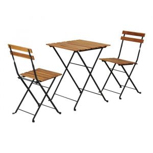 Ensemble table-chaise jardin - HELLOSHOP26 - Set de bistrot 3 pi&egrave;ces - Pliable - Acier laqu&eacute; - Assise en acacia