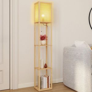 IDMARKET Lampadaire naturel en bois clair avec &eacute;tag&egrave;res et abat-jour carr&eacute; effet cannage