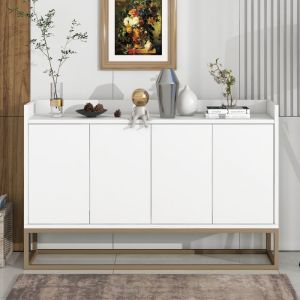 Buffet bas 120x30x80 cm 4 portes moderne en bois et m&eacute;tal dor&eacute; &ndash; Meuble de rangement avec &eacute;tag&egrave;res r&eacute;glables &ndash; Blanc &eacute;l&eacute;gant