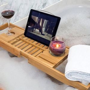 Plateau de baignoire en bambou réglable pont de baignoire pour portable verre dans salle de bain jaune (70-105) cm x 23 cm x 3 cm