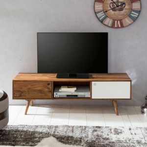 WOHNLING Meuble TV Bas en Bois Massif de Sheesham 2 Portes et Compartiment Marron/Blanc 140 cm