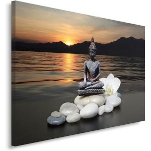 Impression Sur Toile Bouddha Pierres Fleur Orchidée Lac 70x50 cm 1 Pièce Tableaux Photo Salon Soleil Eau Montagnes avec cadre