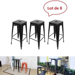 Tabouret de bar industriel noir - Chaise haute empilable en fer forg&eacute; - 42 X 42 X 76cm - Lot de 8