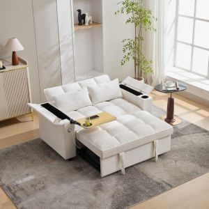 Canap&eacute; d&rsquo;angle 2 places convertible petit canap&eacute; avec dossier r&eacute;glable port USB porte-gobelets 140.5x74x82 cm beige