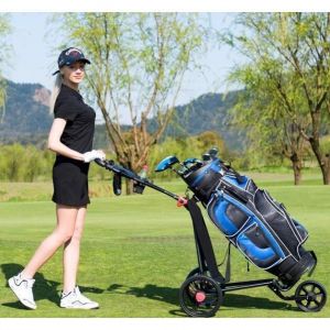 GYMAX Chariot de Golf à 3 Roues Pliable avec Poignée Réglable et Sacs en Maille, Chariot de Golf Manuel avec Roues Amovibles