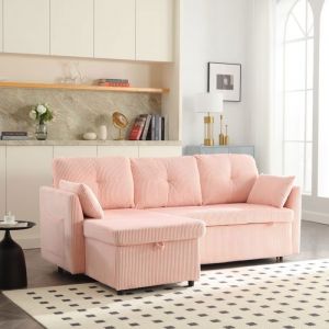 Abrihome  Canapé Sectionnel 3 en 1 en L avec Siège Inclinable Réversible et Rangement Intégré Convertible en Lit - Rose
