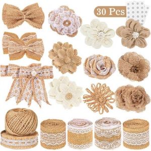 30 fleurs en toile de jute comprenant 5 rouleaux de ruban en dentelle de jute 24 fleurs et nœuds faits à la main 1 ruban ficelle