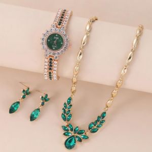 Coffret montre femme + des boucles doreilles + collier – diamant gemme verte cadran ciel étoilé bracelet en acier grâce tempérament