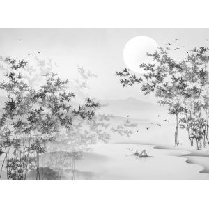 Papier Peint Panoramique Art Zen Noir Et Blanc Forêt Lac Eau Lune Nature Paysage 400x280 cm 3D Intissé Soie Poster Geant Mural