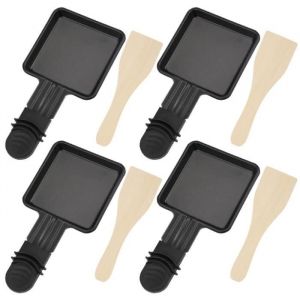 4PCS Coupelle Raclette Barbecue et 4PCS Spatules à Raclette en Bois Poêlon Raclette Grill Revêtement Antiadhésif en Fonte Mini Assie