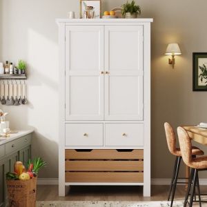 Buffet haut cuisine 80x40x140 cm blanc 2 portes 5 tiroirs rangement multifonction meuble TV salon cellier dressing