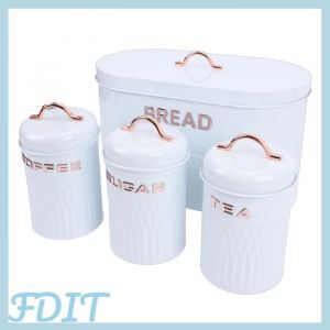 Set de conservation m&eacute;tallique Blanc pour cuisine - 4 bo&icirc;tes (pain + caf&eacute; + th&eacute; + sucre) - Fer grade alimentaire