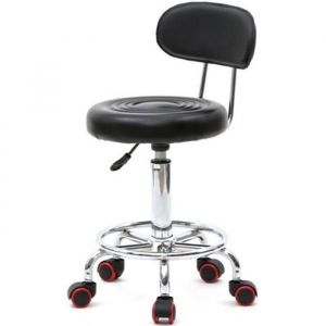 Tabouret à roulettes en noir PU avec pied en acier chromé dossier - pivotable à 360° - réglable en hauteur