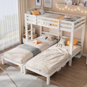 Lit mezzanine 90x200 lit superposé avec sommier lattes Lit 3 places，Lit enfant aver escaliers，lit adolescents，Bois massif blanc