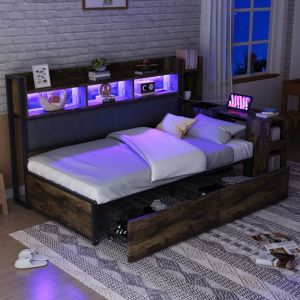 Lit  adulte Lit enfant 90 x 200cmavec bureau escamotable grands tiroirs & rangements m&eacute;tal et bois bois naturel