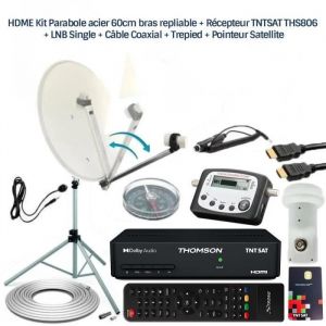 HDME Kit Parabole acier 60cm bras repliable + Récepteur TNTSAT THS806 + LNB Single + Câble Coaxial + Trepied + Pointeur Satellite