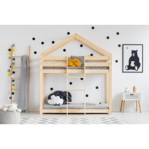 Lit superposé - 2 places / Lit cabane enfant LEO DOBLO 70 x 160 cm avec sommier type cabane en bois naturel