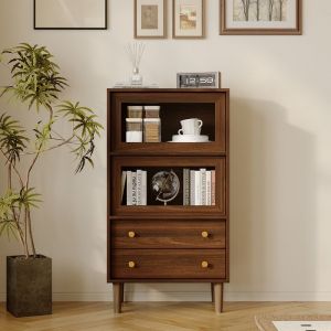 Vaisselier avec 2 Porte en Verre et 2 Tiroirs Armoire de Cuisine avec Pieds en Bois Salle &agrave; Manger et Salon 60x35x110 Marron