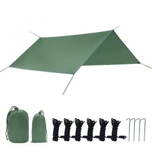 B&acirc;che Anti-Pluie 3x3m Camping B&acirc;che Rain Tarp PU 2000 L&eacute;ger Portable Anti-UV Ripstop B&acirc;che Imperm&eacute;able avec 10 AccessoiresVert