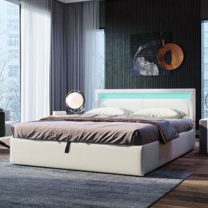 Lit coffre 140 x 190 cm avec sommier et &eacute;clairage LED lit 2 personnes avec sommier &agrave; lattes en bois lit 140 x 190 en blanc