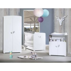 Chambre bébé trio Leaf: lit 120x60 commode à langer et armoire - Babyprice - Blanc