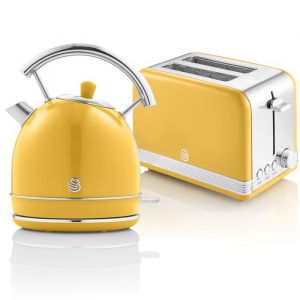 Retro Set Petit-Déjeuner Bouilloire 18L Sans fil Grille-Pain 2 Larges Tranches SWAN STP7050YELNEU 850W Jaune 57928