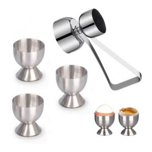 Coquetier - Inox - Ouvre-oeuf double face - 3 pi&egrave;ces - Pour enfants - Argent