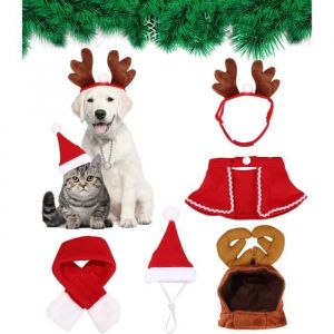5 PCS Costume de No&euml;l pour Animal de Compagnie Vetement Chien Noel Deguisement Chien Noel Antlers Chapeaux de No&euml;l Cape R&eacute;glable