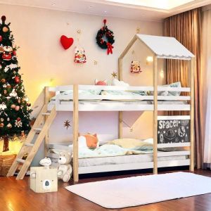 Lits superposés enfant 90x200cm Lit cabane avec échelle et garde Cadre en bois massif de pin Sommiers à lattes avec toit Blanc