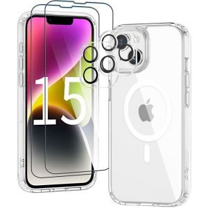 Coque pour iphone 15 PRO MAX - 2x Vitre Verre Trempe + 2x prot&egrave;ge cam&eacute;ra polycarbonate compatible magsafe