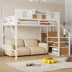 Lit mezzanine 2 places 140x200cm lit double avec &eacute;chelle de rangement et grille lit enfant avec sommier &agrave; lattes m&eacute;tal blanc