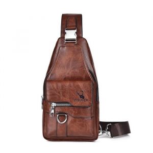 Sacoche Homme Bandouliere Sac de Poitrine Sac business Sac de Loisir Sac a Dos PU Cuir Pochette Epaule pour Homme Femme-Brun Foncé