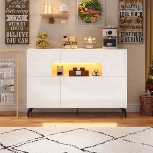 Buffet blanc salon avec éclairage LED 140 x 30 x 94 cm commode moderne avec 3 tiroirs et 5 portes Pieds en métal