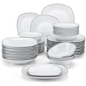 MALACASA Vaisselle ELISA-BT Service Complet de Table 48 Pièces pour 12 Personnes avec Bord Noir - Gris Blanc