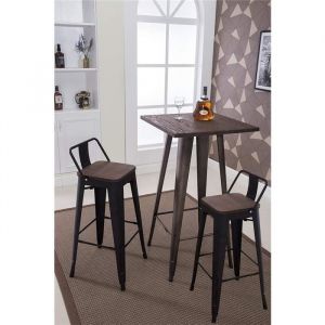 Lot de 8 Tabourets de Bar en métal Noir Mat et Assise en Bois avec Dossier Chaise de Bar Hauteur 64cm