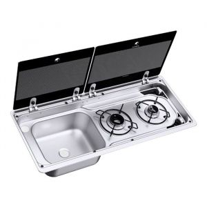Combin&eacute; plan de cuisson - DOMETIC - Evier &agrave; droite - 2 feux &agrave; gaz - Couvercle en verre - Compact