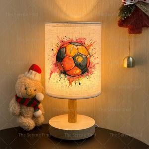 Lampe de Chevet Motifs de Football Lampe de Chevet 3 couleurs Base en Bois Abat Jour Rond en Lin Lampe pour Chambre