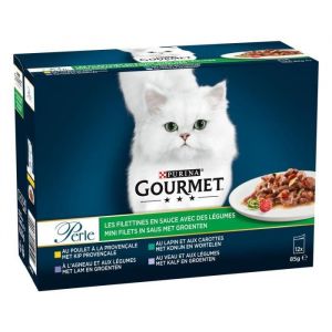 LOT DE 2 - PURINA GOURMET - Perle Les Filettines en Sauce avec des L&eacute;gumes P&acirc;t&eacute;e pour chat  - paquet de 12 sachets de 85 g